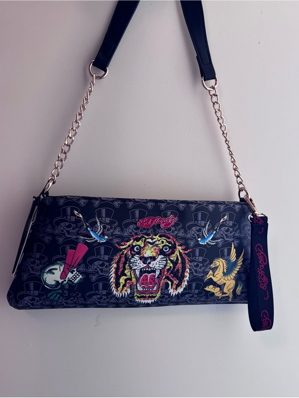 Ed Hardy Black Graphic Clutch Shoulder Bag with Chain Strap